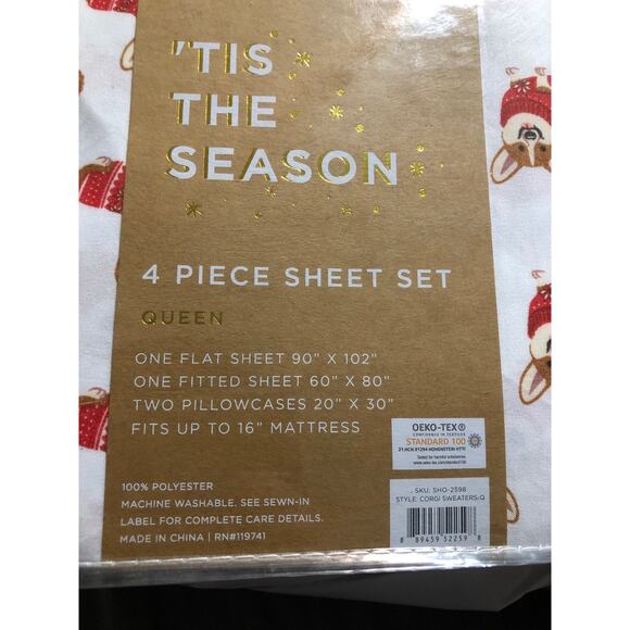 New Christmas Corgi Dog In Red Sweater 4 pc Queen Sheet Set Holiday Sheets - Picture 3 of 4